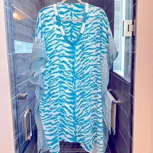 Blue and White Zebra Print Caftan Top or Coverup